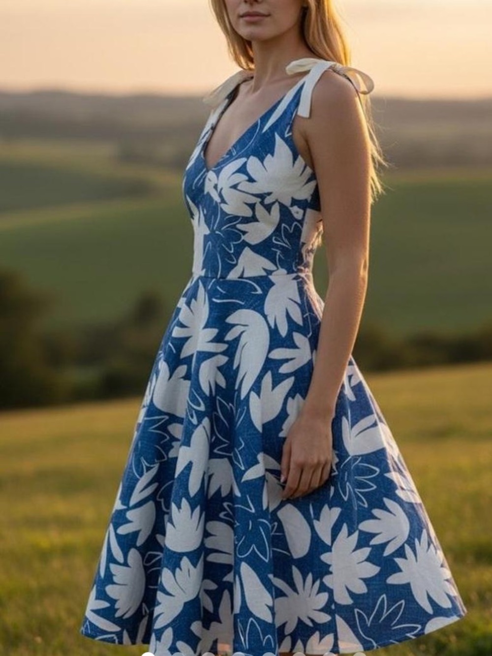 Anthropologie Hutch Blue White Floral bow Shoulder Midi fit flare Mediterranean